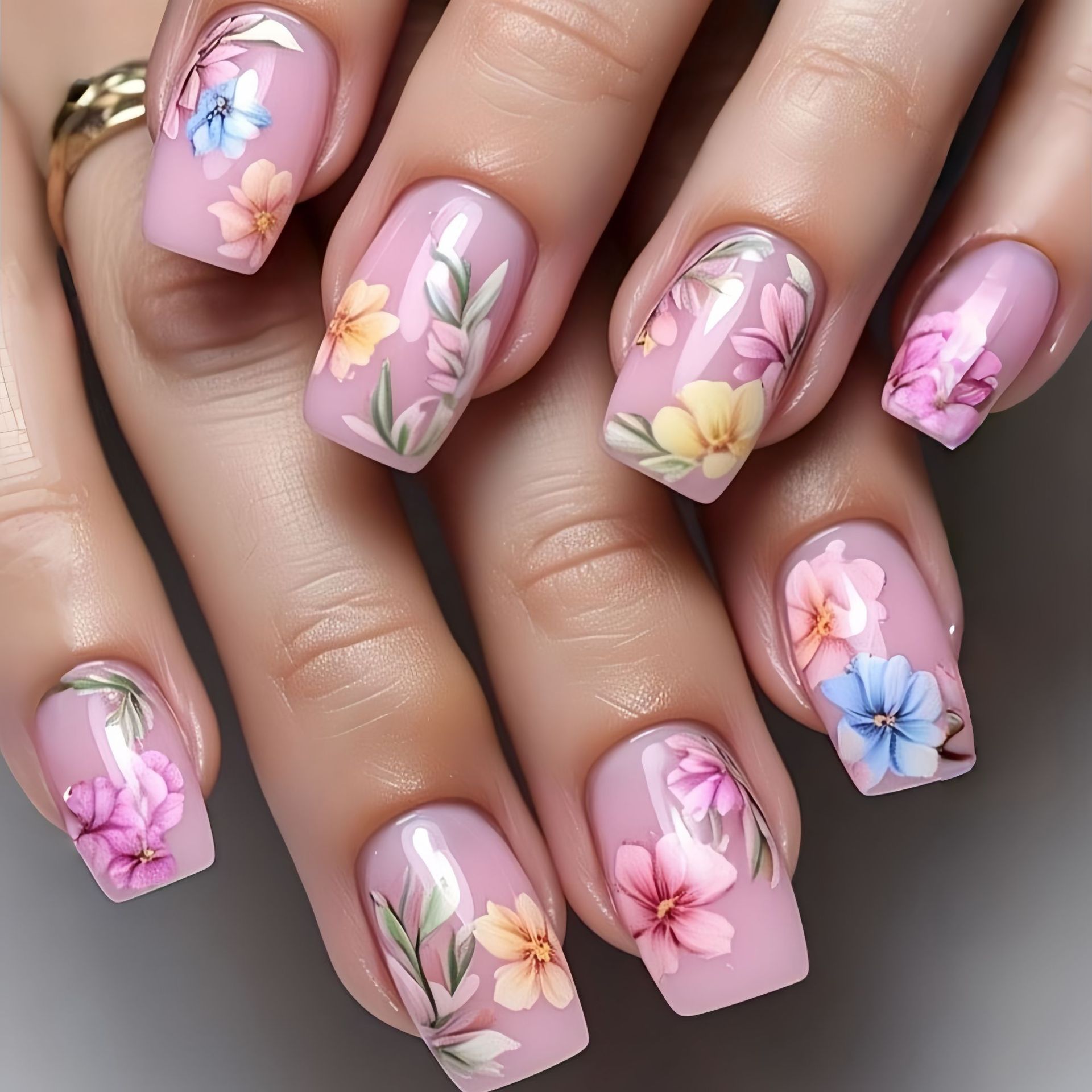 Pressed Flower Art - Medium Fake Nails for Women Girls
